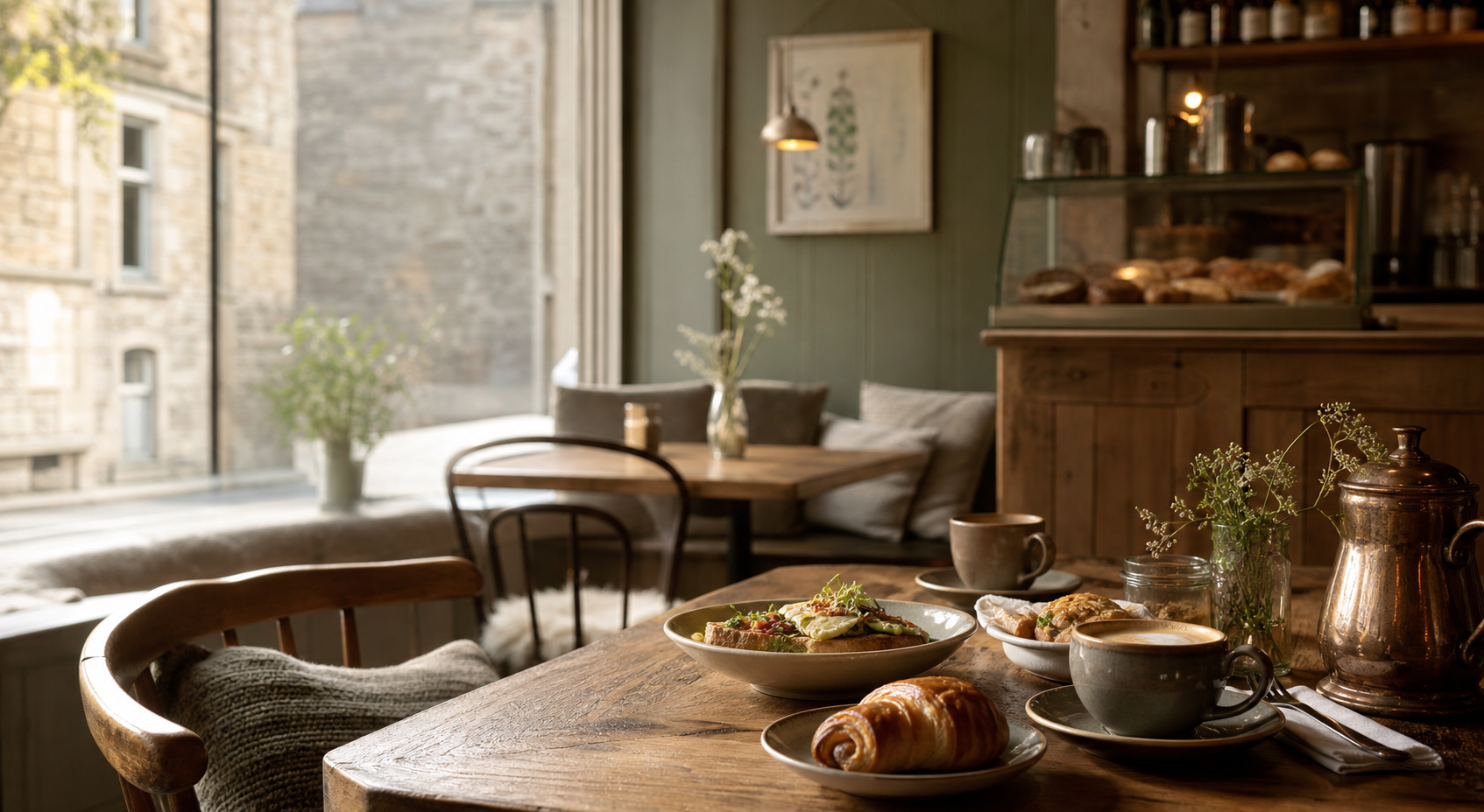 Warm fictional cafe interior with coffee, pastries, and brunch plates